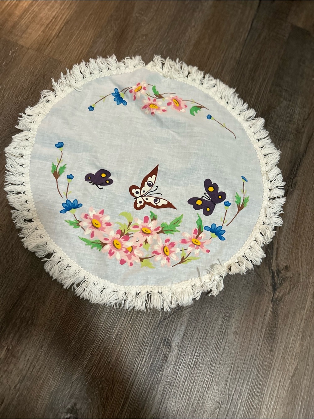 Round Floral & Butterfly Embroidered Linen Doily - White